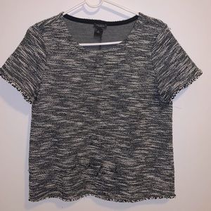 Top Knit Black Fringe Hem Short Sleeve Boxy